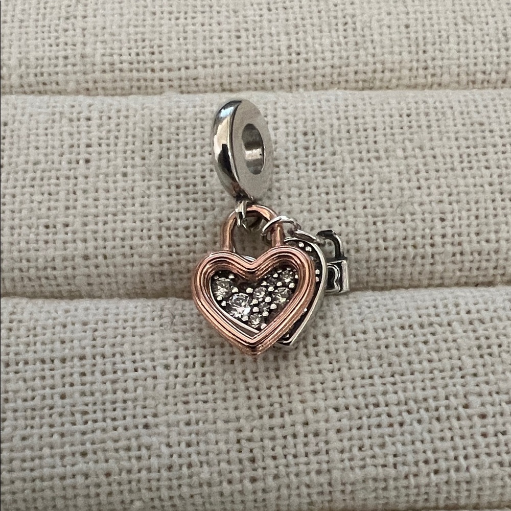 Heart Padlock Double Dangle Charm Sterling silver, 14k rose gold plating